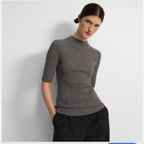 Theory Leenda Mock Neck Regal Wood Charcoal Ribbed Knit Sweater Top L/ XL - Picture 1 of 7